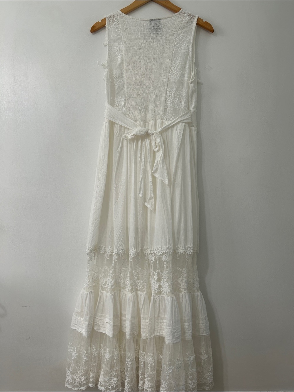 White Lace Bohemian Maxi Dress Tiered Smocked Empire Waist Embroidered Bridal - Picture 9 of 16